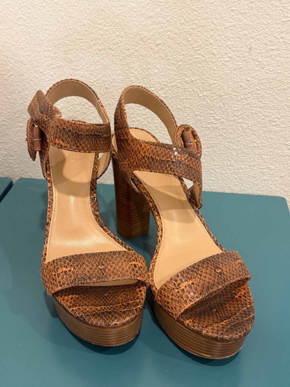 Via Spiga Brown Snake-Print Platform Sandals